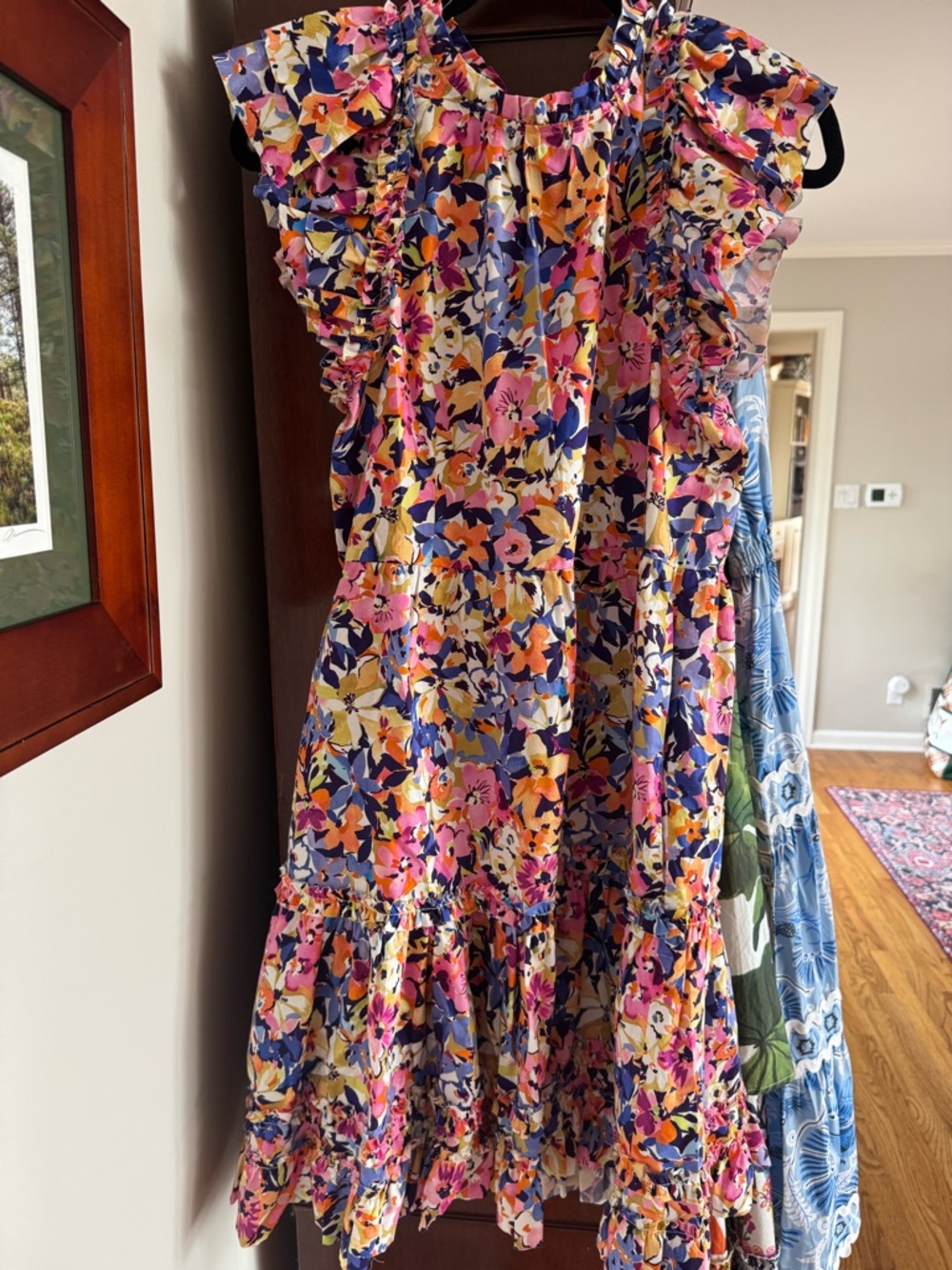 Tyler Boe Floral Ruffle Midi Dress in Pink, Yellow, Blue